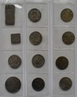 Indien: Lot 13 Stück: Tempeltoken (Ramatanka) , 19. und 20 Jhd., verschiedene Motive. 3 x Quadratische Halbmohuren, die runden Jetons zeigen Gottheite...