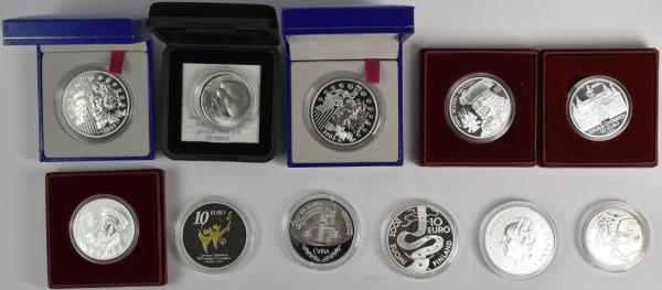 Euromünzen: Kleines Lot 11 diverse Silber Gedenkmünzen aus der Eurozone, z.B. Fr...