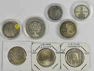 Deutschland: 8 deutsche Silbermünzen, Weimarer Republik und 3. Reich: 3 Mark 1924 A, 3 Reichsmark 1929 J Lessing, 3 Reichsmark 1929 A Schwurhand, 3 Re...