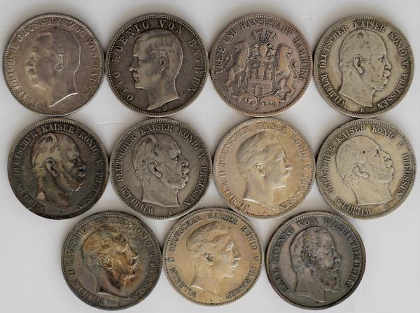 Umlaufmünzen 2 Mark bis 5 Mark: Lot 11 x 5 Mark Kaiserreich, von Baden, über Pre...