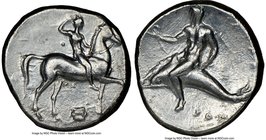CALABRIA. Tarentum. Ca. 302-281 BC. AR stater or didrachm (22mm, 8h). NGC VF, scratches. Sa- and Kon-, magistrates. Nude horseman crowning himself on ...