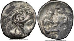 CALABRIA. Tarentum. Ca. 4th-3rd centuries BC. AR diobol (13mm, 11h). NGC Choice Fine. Head of Athena right, wearing crested Attic helmet decorated wit...