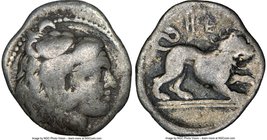 LUCANIA. Heraclea. Ca. 433-330 BC. AR diobol (12mm, 12h). NGC Fine. Ca. 432-420 BC. Head of Heracles right, wearing lion skin headdress / HE, lion adv...