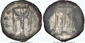 BRUTTIUM. Croton. Ca. 480-430 BC. AR stater (29mm, 8.64 gm, 12h). NGC MS 4/5 - 2/5, flan flaw. ϘPO, ornamented tripod in relief; dotted border on rais...