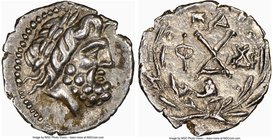 ACHAEAN LEAGUE. Patrae. Ca. 1st century BC. AR hemidrachm (15mm, 4h). NGC AU, die shift. Ca. 86 BC. Laureate head of Zeus right / Achaean League AX mo...