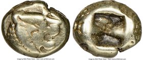 LYDIAN KINGDOM. Alyattes or Croesus (ca. 610-546 BC). EL 1/12 stater or hemihecte (8mm). NGC Choice Fine, countermarks. Sardes mint. Head of roaring l...