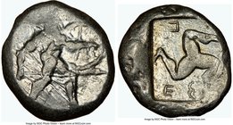 PAMPHYLIA. Aspendus. Ca. mid-5th century BC. AR stater (20mm, 10.77 gm, 1h). NGC AU 3/5 - 4/5. Helmeted nude hoplite advancing right, shield in left h...