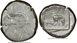 PAMPHYLIA. Aspendus. Ca. mid-5th century BC. AR stater (21mm, 10.99 gm, 6h). About VF. Helmeted nude hoplite advancing right, shield in left hand, spe...