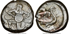 CILICIA. Mallus. Ca. 440-385 BC. AR stater (19mm, 4h). NGC Choice VF. Beardless male, winged, in kneeling/running stance left, holding solar disk with...