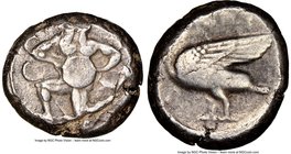 CILICIA. Mallus. Ca. 440-385 BC. AR stater (20mm, 11.26 gm, 2h). NGC VF 3/5 - 4/5. Bearded male, winged, in kneeling/running stance left, holding sola...