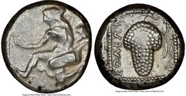 CILICIA. Soloi. Ca. 440-400 BC. AR stater (20mm, 2h). NGC VF. Amazon, nude to waist, on one knee left, wearing pointed cap, bowcase attached to belt, ...