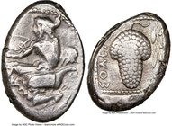 CILICIA. Soloi. Ca. 440-400 BC. AR stater (22mm, 11h). NGC VF. Amazon, nude to waist, on one knee left, wearing pointed cap, bowcase attached to belt,...