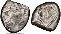 CYPRUS. Uncertain mint. Ca. early 5th century BC. AR stater (21mm, 10.91 gm, 9h). NGC VF 3/5 - 4/5, overstruck. Ram walking left; ankh superimposed ab...