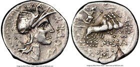 Q. Curtius and M. Silanus (ca. 116-115 BC). AR denarius (19mm, 10h). NGC VF, flan flaw. Rome. Q•CVRT, head of Roma right, wearing winged helmet decora...