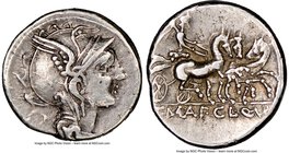 Titus Manlius Mancius, Appius Claudius Pulcher, and Q. Urbinius, moneyers (111-110 BC). AR denarius (17mm, 8h). NGC Choice VF. Rome. Head of Roma righ...