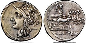L. Appuleius Saturninus (ca. 104 BC). AR denarius (19mm, 7h). NGC XF. Rome. Head of Roma left, wearing winged helmet decorated with griffin crest, pen...