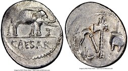 Julius Caesar, as Dictator (49-44 BC). AR denarius (19mm, 3.81 gm, 2h). NGC AU 4/5 - 3/5, brushed. Military mint traveling with Caesar in northern Ita...