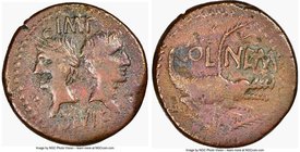 Augustus (27 BC-AD 14), with Marcus Agrippa. AE dupondius (26mm, 3h). NGC Choice Fine. Gaul, Nemausus, ca. AD 16/15-10. IMP / DIVI•F, adduced heads of...