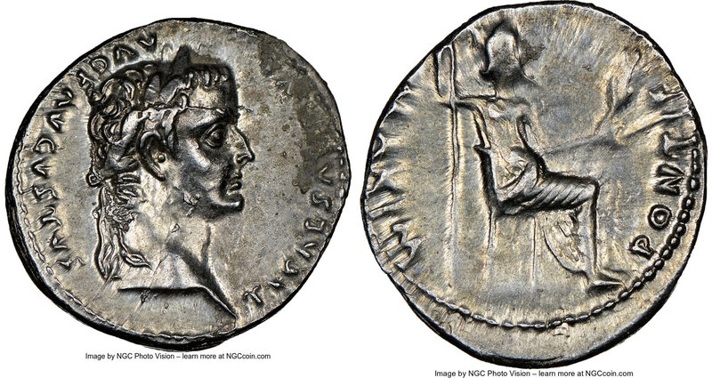 Tiberius (AD 14-37). AR denarius (19mm, 3.73 gm, 10h). NGC Choice AU 3/5 - 2/5. ...