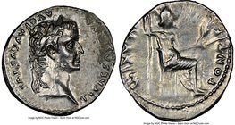 Tiberius (AD 14-37). AR denarius (19mm, 3.73 gm, 10h). NGC Choice AU 3/5 - 2/5. Lugdunum. TI CAESAR DIVI-AVG F AVGVSTVS, laureate head of Tiberius rig...