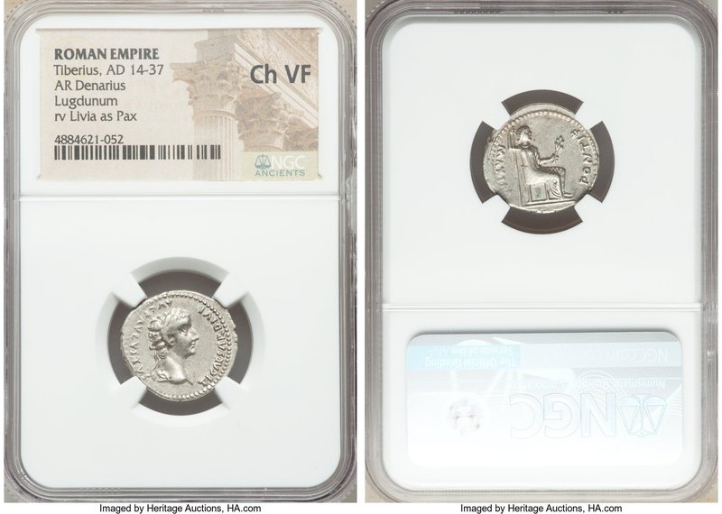 Tiberius (AD 14-37). AR denarius (19mm, 6h). NGC Choice VF. Lugdunum. TI CAESAR ...