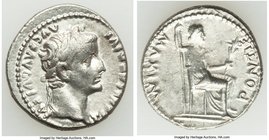 Tiberius (AD 14-37). AR denarius (19mm, 3.80 gm, 11h). Choice VF. Lugdunum. TI CAESAR DIVI-AVG F AVGVSTVS, laureate head of Tiberius right / PONTIF-MA...