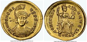 Honorius, Western Roman Empire (AD 393-423). AV solidus (20mm, 4.47 gm, 5h). NGC AU 5/5 - 3/5, brushed, light graffito. Constantinople, 10th officina,...
