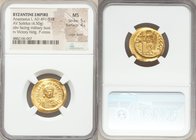 Anastasius I (AD 491-518). AV solidus (21mm, 4.50 gm, 6h). NGC MS 5/5 - 4/5, edge bend. Constantinople, 3rd officina. D N ANASTA-SIVS PP AVG, helmeted...