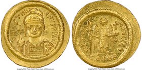 Justinian I the Great (AD 527-565). AV solidus (21mm, 4.50 gm, 6h). NGC MS 5/5 - 4/5. Constantinople, 6th officina. D N IVSTINI-ANVS PP AVG, cuirassed...