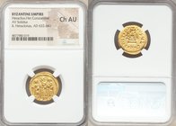 Heraclius (AD 610-641), with Heraclius Constantine and Heraclonas. AV solidus (19mm, 6h). NGC Choice AU. Constantinople, 7th officina, dated Indiction...