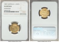 Victoria gold 1/2 Sovereign 1859-SYDNEY VG Details (Damaged) NGC, Sydney mint, KM3. A scarcer early date displaying scattered flan indentations. 

HID...