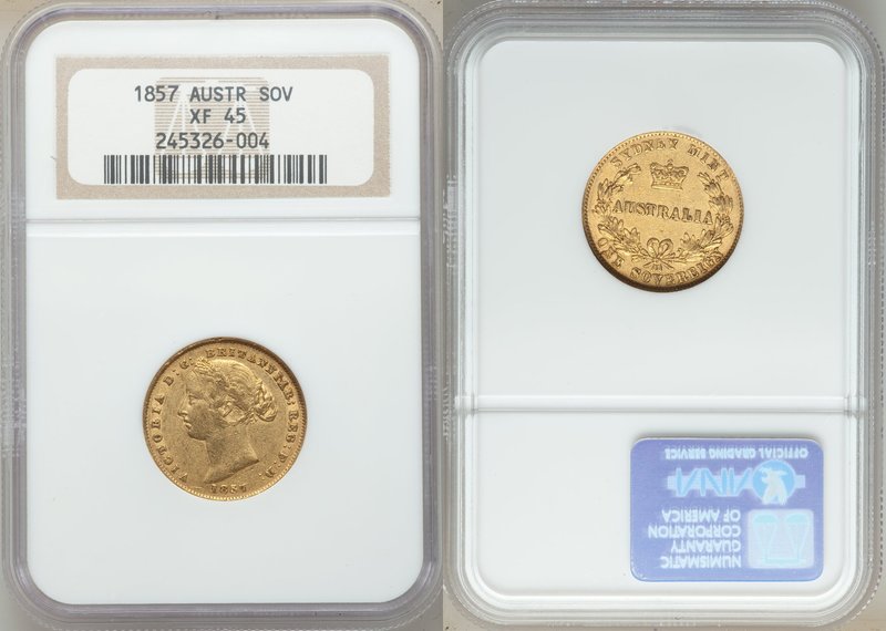Victoria gold Sovereign 1857-SYDNEY XF45 NGC, Sydney mint, KM4. AGW 0.2353 oz. 
...