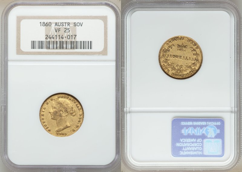 Victoria gold Sovereign 1860-SYDNEY VF25 NGC, Sydney mint, KM4. AGW 0.2353 oz. 
...