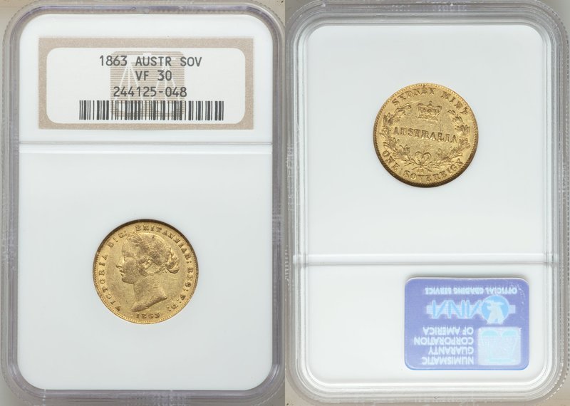 Victoria gold Sovereign 1863-SYDNEY VF30 NGC, Sydney mint, KM4. AGW 0.2353 oz. 
...