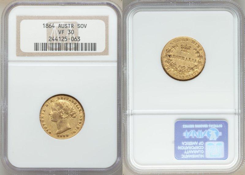 Victoria gold Sovereign 1864-SYDNEY VF30 NGC, Sydney mint, KM4. AGW 0.2353 oz. 
...