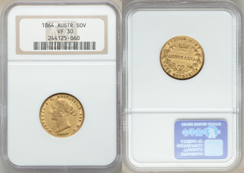 Victoria gold Sovereign 1864-SYDNEY VF30 NGC, Sydney mint, KM4. AGW 0.2353 oz. 
...