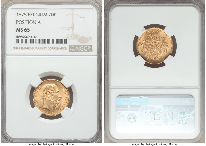 Leopold II gold 20 Francs 1875 MS65 NGC, KM37. Position A. AGW 0.1867 oz.

HID09...