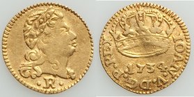 João V gold 400 Reis 1734-R About XF (clipped), Rio de Janeiro mint, KM152. 12mm. 0.65gm. Very minorly clipped around the edges, though the outlines o...
