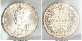 George V 25 Cents 1919 MS64 ICCS, Ottawa mint, KM24. Light amber toning, fully struck details. 

HID09801242017