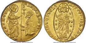 Chios. Anonymous gold Imitative Zecchino ND (1343-1354) AU58 NGC, Fr-38a var. 22mm. 3.49gm. Imitating a gold Ducat of Andrea Dandolo. ΛZDR DΛZDVO DVX ...
