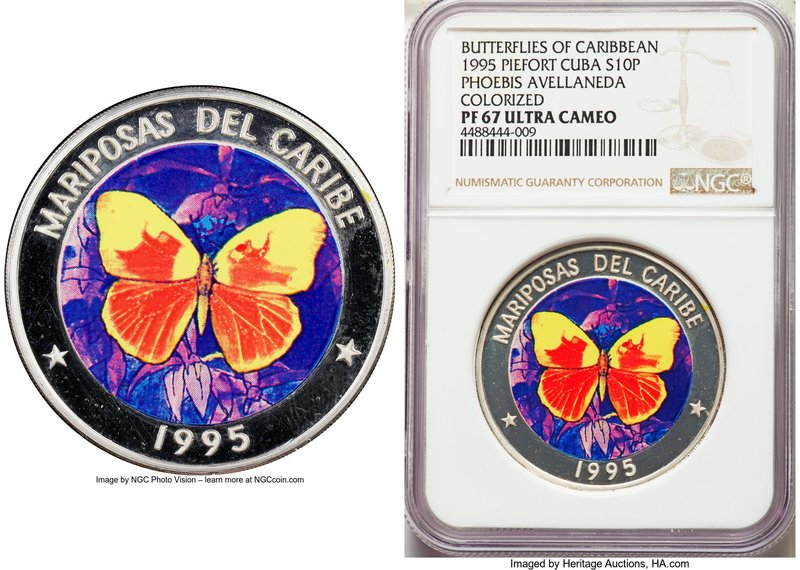 Republic silver colorized Proof Piefort "Phoebis Avellaneda" 10 Pesos 1995 PR67 ...