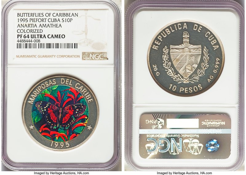 Republic silver colorized Proof Piefort "Anartia Amathea" 10 Pesos 1995 PR64 Ult...