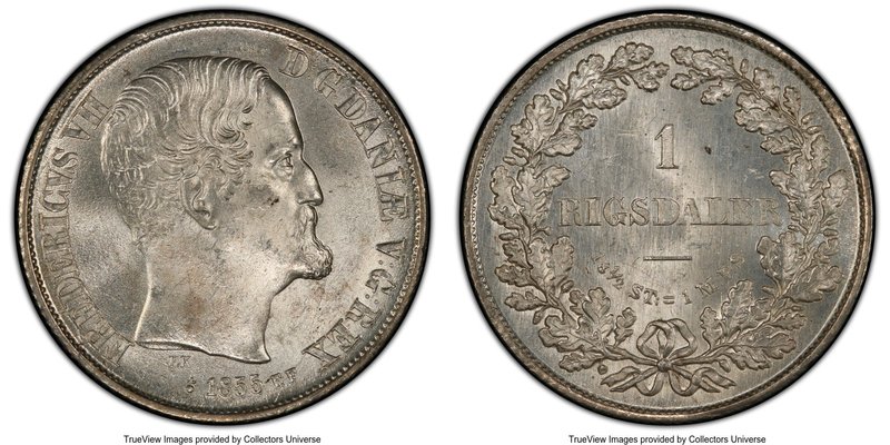 Frederik VII Rigsdaler 1855 FK-FF MS64+ PCGS, Altona mint, KM760.2. Icy white, w...