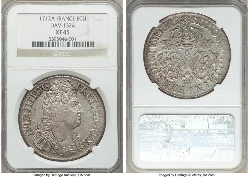 Louis XIV Ecu 1712-A XF45 NGC, Paris mint, KM386.1. Traces of luster behind arge...