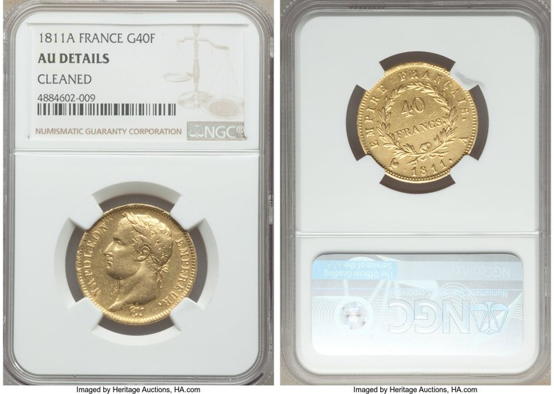 Napoleon gold 40 Francs 1811-A AU Details (Cleaned) NGC, Paris mint, KM696.1. AG...