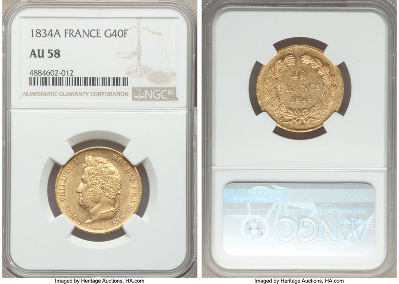 Louis Philippe I gold 40 Francs 1834-A AU58 NGC, Paris mint, KM747.1. AGW 0.3734...