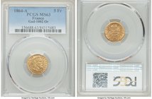 Napoleon III gold 5 Francs 1864-A MS63 PCGS, Paris mint, KM803.1, Gad-1002. 

HID09801242017