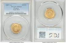 Napoleon III gold 10 Francs 1857-A MS64 PCGS, Paris mint, KM784.3, Gad-1014. 

HID09801242017