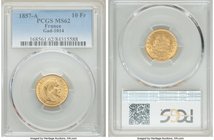 Napoleon III gold 10 Francs 1857-A MS62 PCGS, Paris mint, KM784.3, Gad-1014. 

HID09801242017