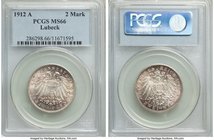 Lübeck. Free City 2 Mark 1912-A MS66 PCGS, Berlin mint, KM212. Pastel plum coloring over otherwise white satiny surfaces. 

HID09801242017